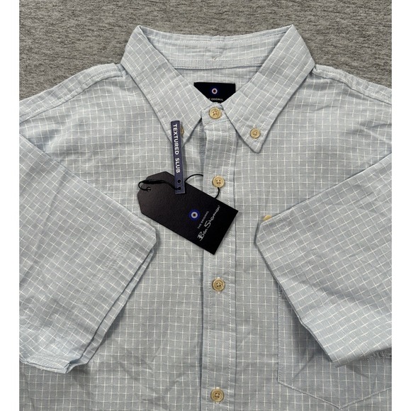 Ben Sherman Shirt Mens Medium Blue Button Down Textured Slub Short Sleeve NEW - Picture 1 of 9